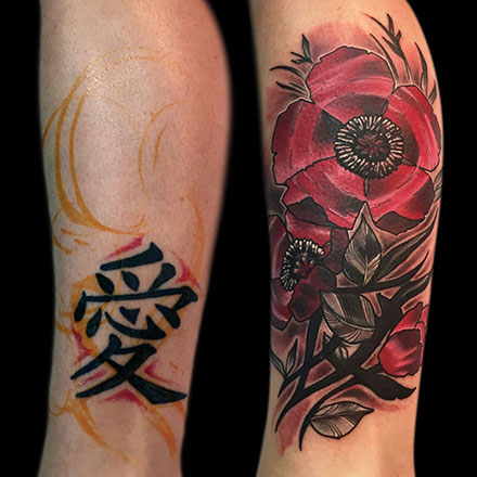 Flower Kanji Coverup Tattoo