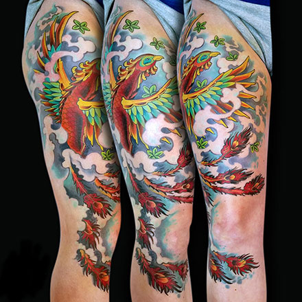 Phoenix Leg Sleeve Tattoo